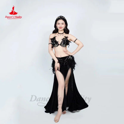 Belly Dancer Costume Set Women Customsized Senior Feather Bra Top+split Long Skirt 2pcs Adult Child Oriental Bellydance Outfit