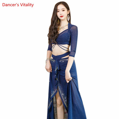 Belly Dance Performance Clothing Suit for Women Bellydance Half Sleeves Top+mesh Long Skirt 2pcs Oriental  Professional Set Wear