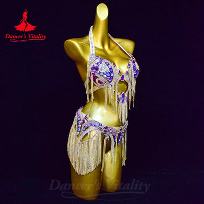 Belly Dance Performance Bra Suit for Women Customsized Senior AB Stones Bra+belt 2pcs Adult Children Oriental Dancing Bra Suit