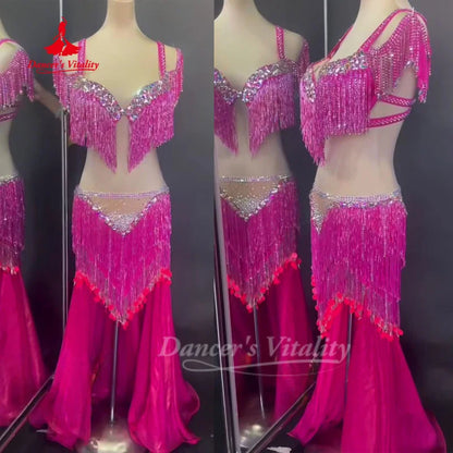 BellyDance Set Customized Senior AB Stones Fringe Suit Oriental Dance Drum Solo Competition Performance Outfit Dance's Vitality