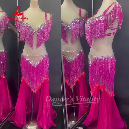 BellyDance Set Customized Senior AB Stones Fringe Suit Oriental Dance Drum Solo Competition Performance Outfit Dance's Vitality