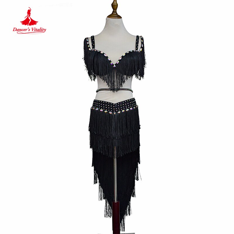 Belly Dance High-End Custom Female Child Adult Elegant Tassel Bra Practice Clothes Suit Diamond Top Long Skirt Performance Set