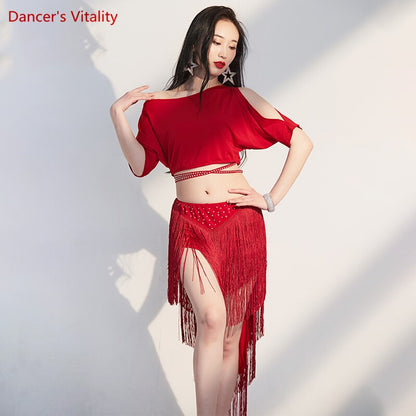 Belly Dance Training Suit Belly Dance Short Sleeves Top+Tassel Skirt Women Belly Dancing Performance Suit Female Oriental Outfit