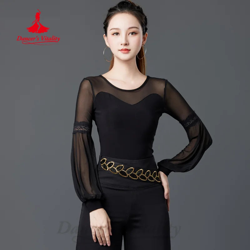 Latin Dancing Clothing Women's Customized Long Sleeved Comfortable and Breathable Top Adult Tango Chacha Samba Practice Clothes