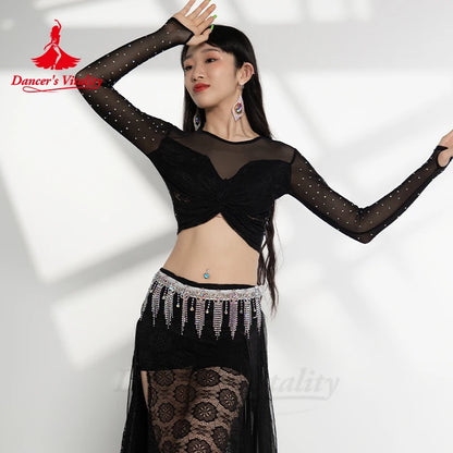 Belly Dance Performance Costume Suit Gauze Long Sleeves Top+bra+split Long Skirt 3pcs for Women Oriental Belly Dancing Set