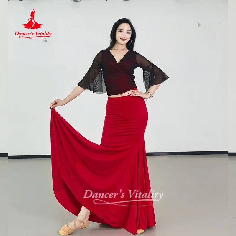 Belly Dance Costume Women's Sexy V-neck Black Top+Red Fishtail Long Skirt 2pcs Oriental Dance Practice Clothes Dancer's Vitality