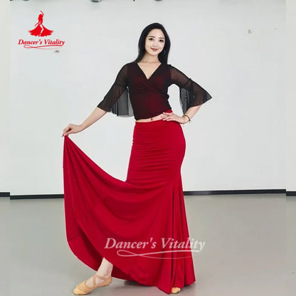 Belly Dance Costume Women's Sexy V-neck Black Top+Red Fishtail Long Skirt 2pcs Oriental Dance Practice Clothes Dancer's Vitality