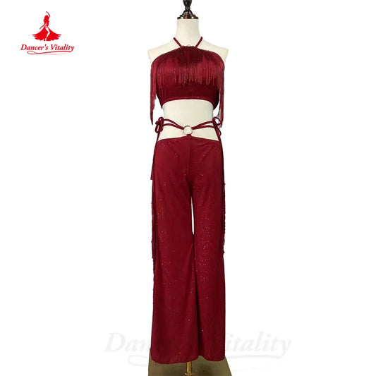 Bellydance Practice Suit Customized Sleeveless Fringe Top+comfortable Long Pants 2pcs Women Oriental Dance Performance Clothing