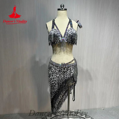 Belly Dance Costume Customized Rhinestone Tassels Bra+leopard Print Skirt 2ps Adult Children Oriental Dance Performance Costumes