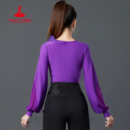 Modern Dancing Latin Dance Tops Women's Customized Exquisite Flower Long Sleeved Top Adult Tango Chacha Samba Training Clothes