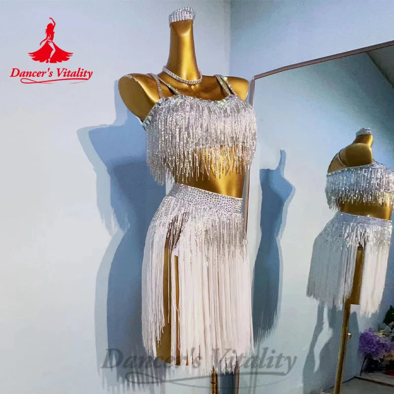 Latin Dance Costumes Set Customized Light Luxury Hot Diamond Top+Tassel Short Skirt 2pcs Tango Chacha Rumba Performance Costume