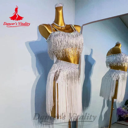 Latin Dance Costumes Set Customized Light Luxury Hot Diamond Top+Tassel Short Skirt 2pcs Tango Chacha Rumba Performance Costume