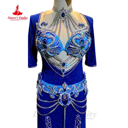 Belly Dance Performance Costumes Robe for Women Customized Spandex Robe+diamond Bra++headscarf+belt 4pcs Oriental Dancing Outfit