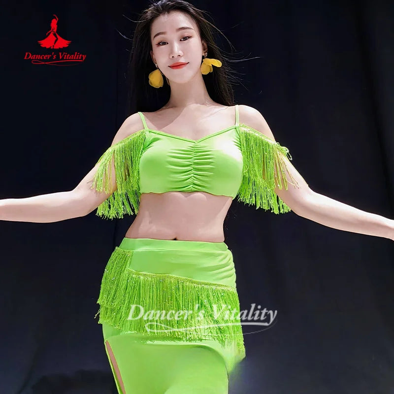 Belly Dance Costume for Women's Sexy Temperament Green Color Tassel Set Adult Oriental Dance Practice Outfit Dancer's Vitality