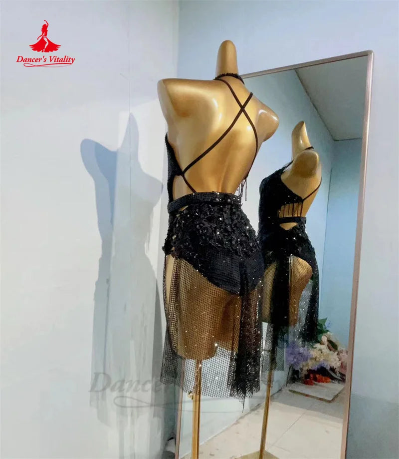 Latin Dance Performance Dress for Women Sexy AB Stones Mesh Rumba Chacha Tango Competiton Professional Custom Latin Costumes