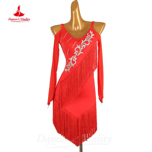 Latin Dance Performance Costumes Customized Long Sleeved Light Luxury Rhinestone Tassel Dress Tango Chacha Competition Dresses