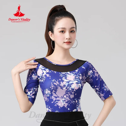 Latin Dance Advanced Printed Half Sleeved Top Women's Chacha Tango Samba Professional Practice Clothes Adult Modern Dancing Tops