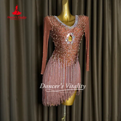 Latin Dance Dresses Custom AB Stones Tassel Long Sleeved Dress for Adult and Children's Competition Clothing Dancer's Vitality