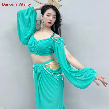 Belly Dance Clothing for Women Mesh Pearls Sleeves Top+long Skirt 2pcs Girl's Oriental Costumes Set Female Practice Wear Outfit