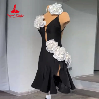 Latin Dance Practice Clothing Women's Customized Flower Black Sexy Split Fishtail Skirt Tango Chacha Samba Performance Costumes