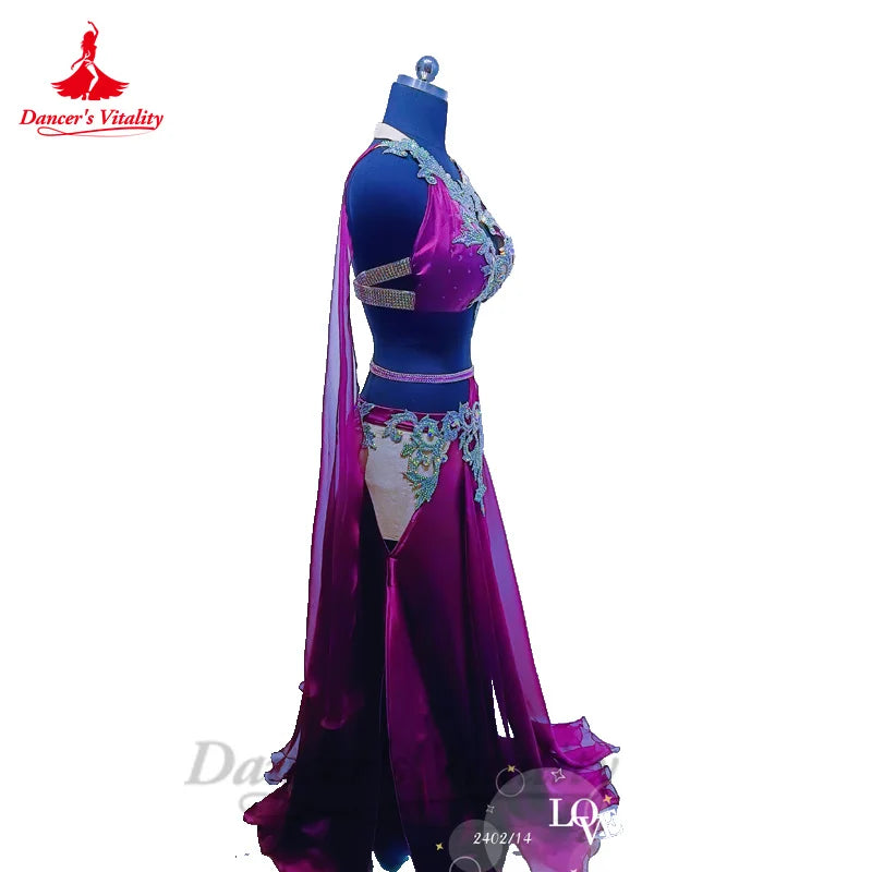 Belly Dancer Performance Costume Set for Women Senior Bra Top+satin Skirt 2pcs Custom Adult Child Oriental Competiton Outfit