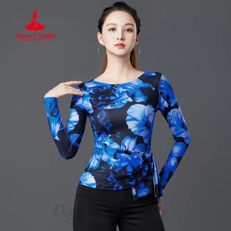 Latin Dance Modern Dancing Practice Clothes Women's Customized High Grade Printed Long Sleeved Top Tango Samba Training Clothing