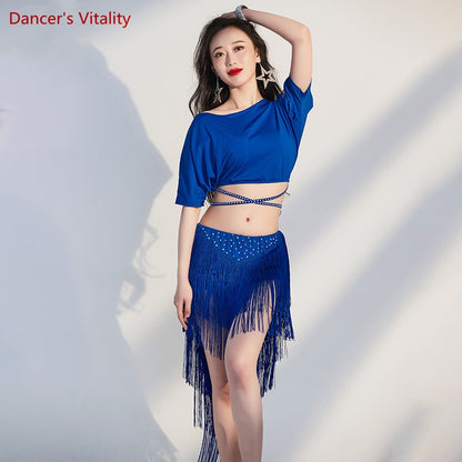 Belly Dance Training Suit Belly Dance Short Sleeves Top+Tassel Skirt Women Belly Dancing Performance Suit Female Oriental Outfit