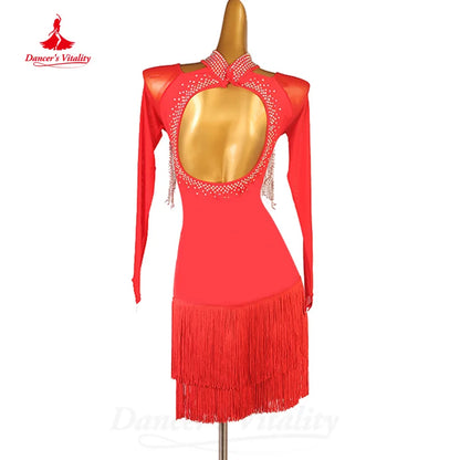 Latin Dance Clothing Customized Long Sleeved Sexy Backless Tassel Dress Adult Children Tango Chacha Lombard Performance Costumes