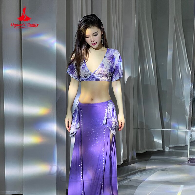 Belly Dance Costume Set Women Gauze Printing Short Sleeves Top+long Skirt 2pcs Training Suit Clothes Girl's Bellydance Outfit