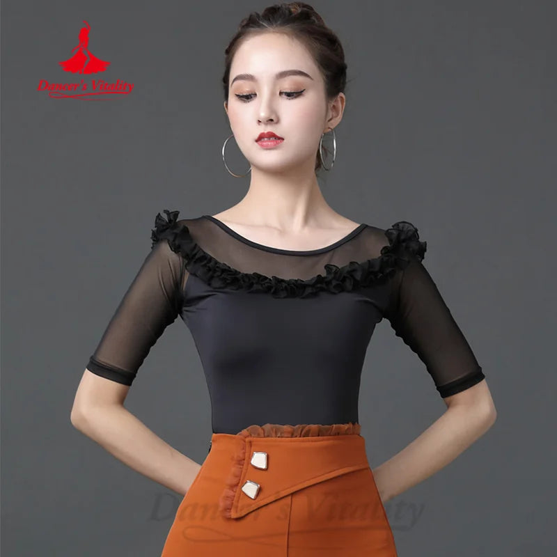 Modern Dancing Practice Clothes Customized Comfortable and Breathable Half Sleeved Top Women Latin Dance Tango Chacha Clothing