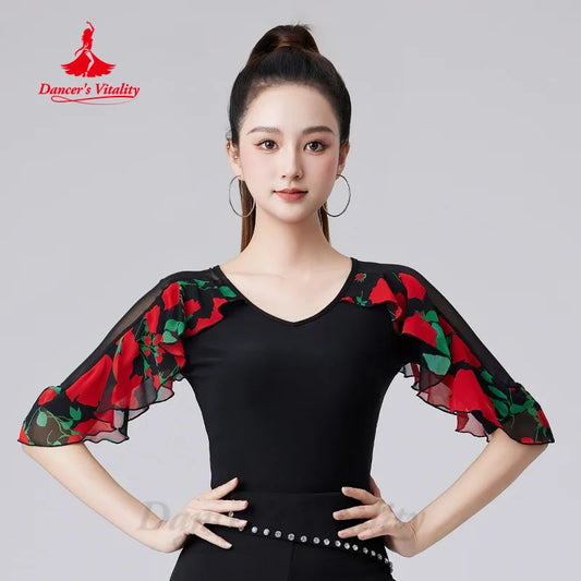 Latin Dance Top Women's Customized Printed Half Sleeve Tops Tango Rumba Samba Professional Practice Clothing Modern Dance Outfit