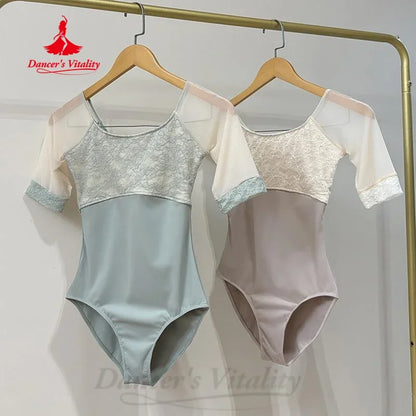 Ballet Dance Leotard for Women Adult Short Sleeve Lace Bodysuit Yoga Jumpsuit Basic Gymnastics Girls Ballet Dancing Clothing