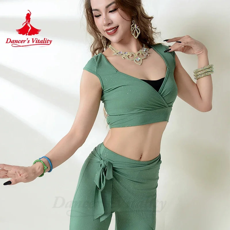 Belly Dance Costume Set for Women Cotton Short Sleeves Top+trousers 2pcs Adult Belly Dancing Performance Outfit