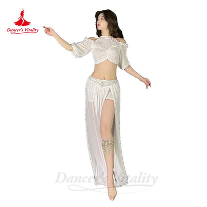 Belly Dance Costume Set for Women Gauze Half Sleeves Top+senior AB Stones Split Skirt 2pcs Adult Oriental Bellydance Outfit