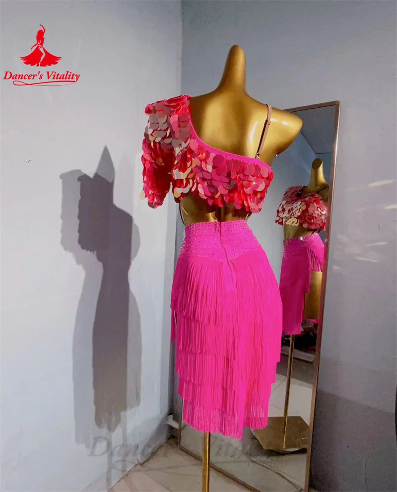 Latin Dance Performance Dress for Women Sequins Bra Top+tassel Skirt 2pcs Chacha Tango Skirt Custom Adult Child Latin Dresses