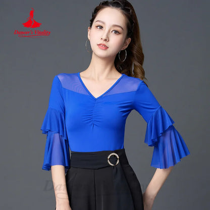 Latin Dance Tops Women's Customized Summer Comfortable and Breathable Horn Sleeves Top Tango Chacha Rumba Practice Clothes