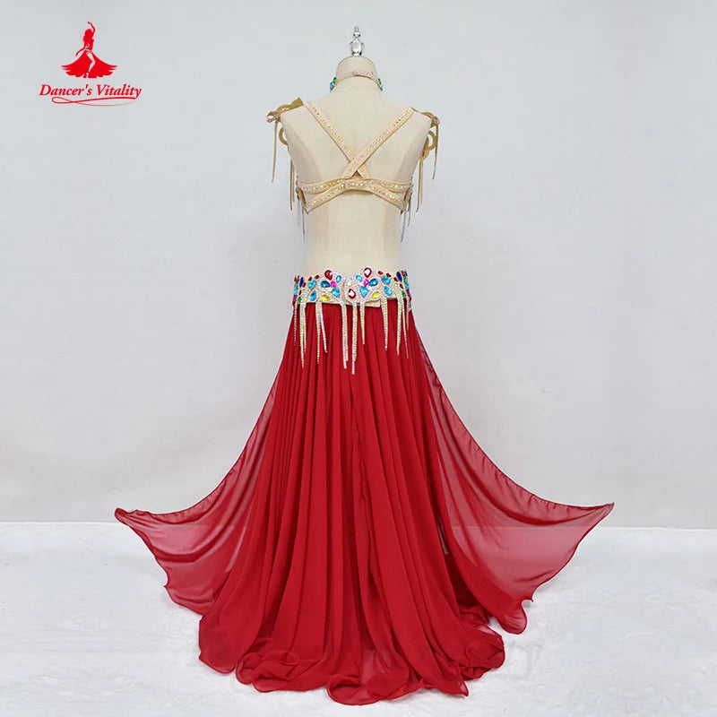 Bellydance Clothing Women Customized Luxury Rhinestone Bra+senior Chiffon Long Skirt 2pcs Oriental Dance Performance Costumes