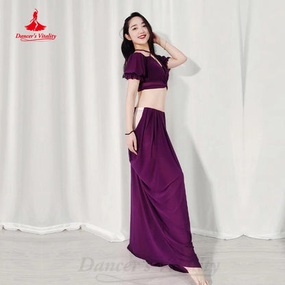 Belly Dancer Costume Suit Women Chiffon Short Sleeves Top+long Skirt 2pcs Girl Oriental Dancing Clothing Bellydance Wear Outfit