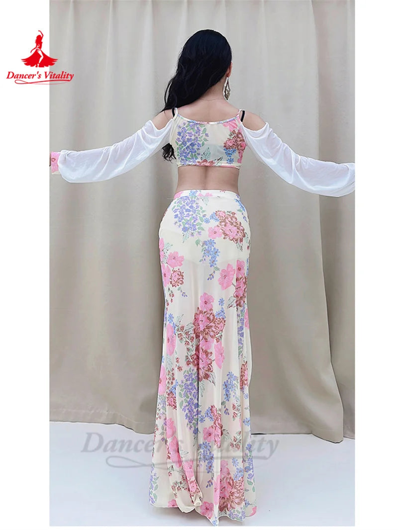 Belly Dance Practice Clothes for Women Chiffon Long Sleeves Top+printing Long Skirt 2pcs Adult Oriental Belly Dancing Outfit