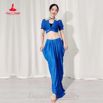 Belly Dancer Costume Suit Women Chiffon Short Sleeves Top+long Skirt 2pcs Girl Oriental Dancing Clothing Bellydance Wear Outfit