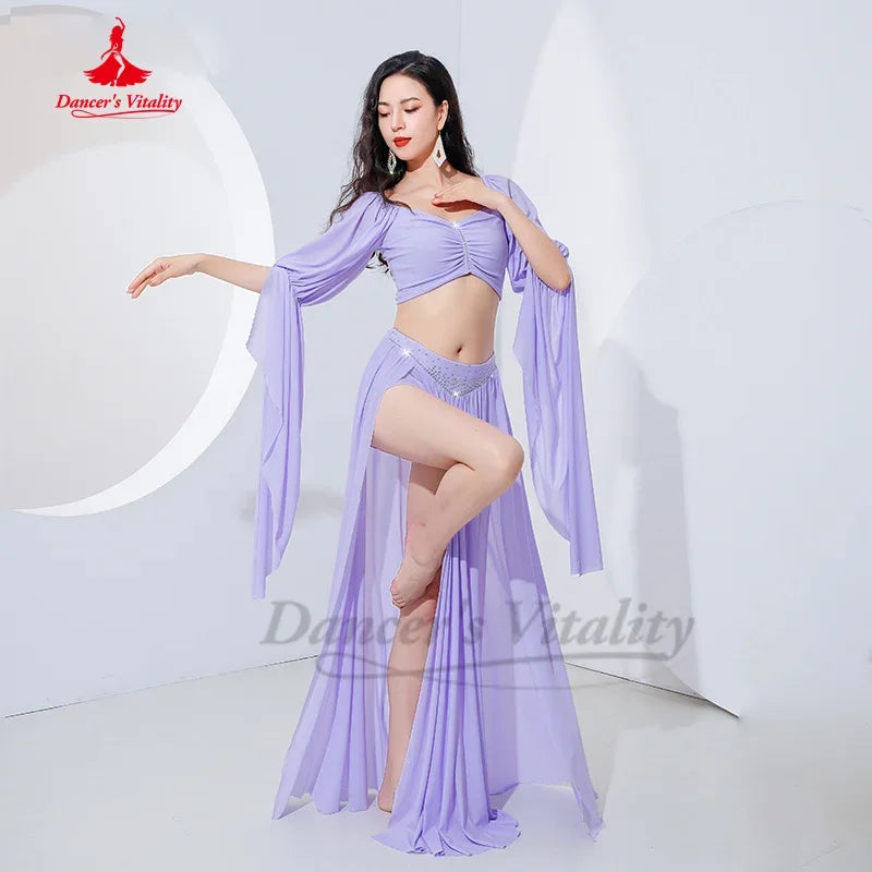 Belly Dance Costume Women Gauze Long Sleeves Top+sexy Split Long Skirt 2pcs Oriental Training Suit Girl's Belly Dancing Outfit