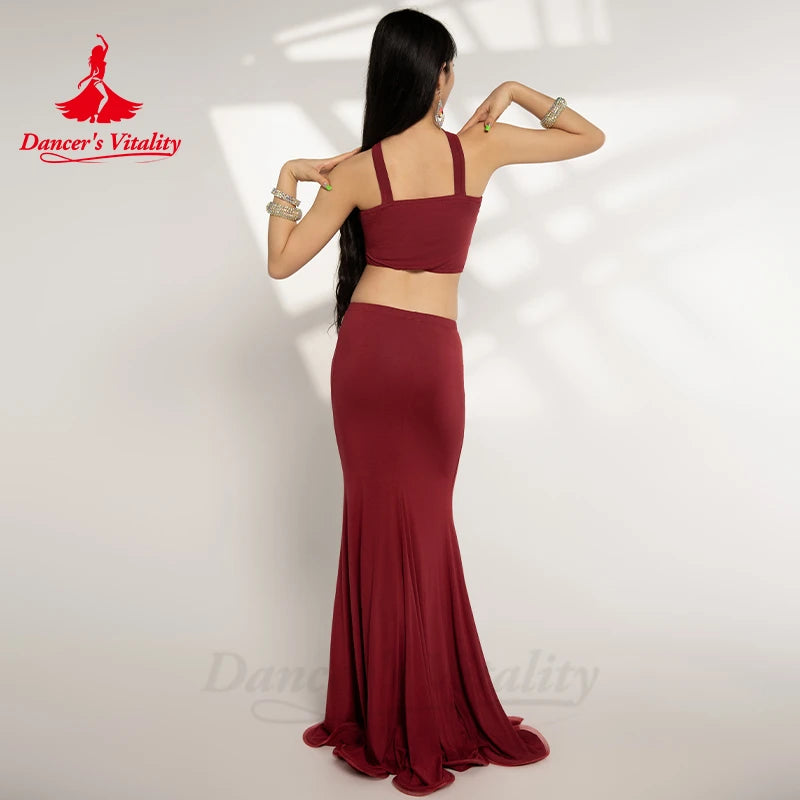 Belly Dance Costume Set for Women Sexy Sleeveless Top+cotton Fishtail Skirt 2pcs Adult Oriental Belly Dancing Wear Clothing