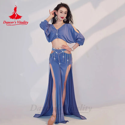 Belly Dance Performance Costume Set Women Half Sleeves Top+AB Stones Long Skirt 2pcs for Girl's Oriental Belly Dancing Outfit