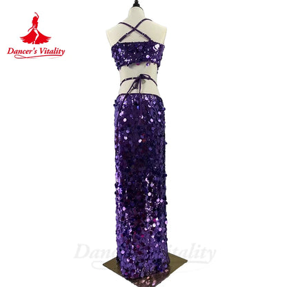 Belly Dance Costumes Set for Women Sequins Bra Top+long Skirt 2pcs Oriental Competiton Suit Custom Adult Child Bellydance Wear