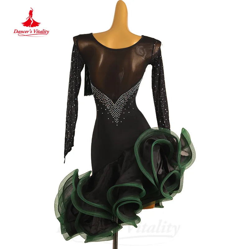 Latin Dance Clothing Customized Long Sleeved AB Stones Sexy Hip Wrap Skirt Adult and Children's Tango Rumba Performance Costumes