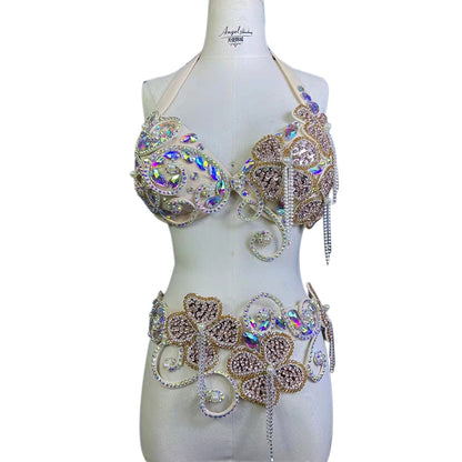 Belly Dance Costume Suit Women Customsized Hand Made Bra+belt 2pcs Girl's Oriental Belly Dancing Belt Competitoin Suit