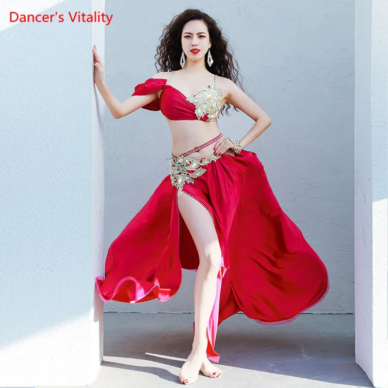 Belly Dance Suit Diamond-Studded Sling Bra Split Big Swing Skirt Performance Clothes Set Oriental Dancing Competition Clothing