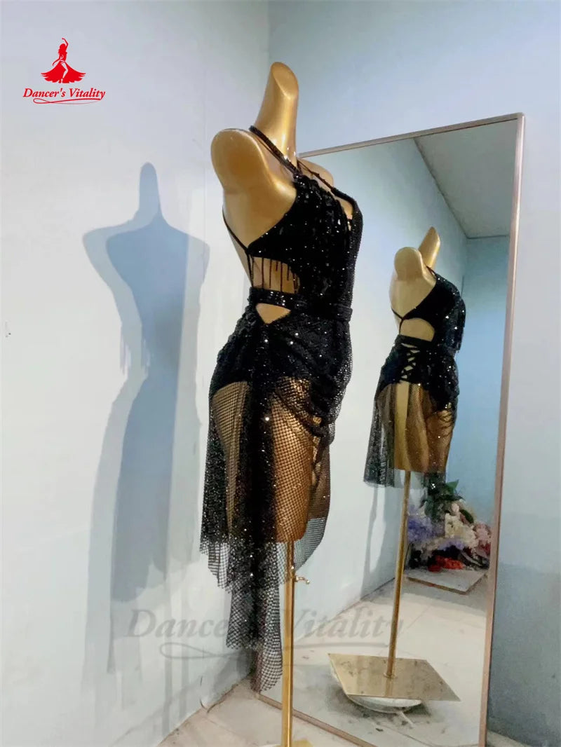 Latin Dance Performance Dress for Women Sexy AB Stones Mesh Rumba Chacha Tango Competiton Professional Custom Latin Costumes