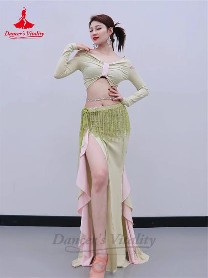 Belly Dance Training Suit Costumes for Women Winter Long Sleeves Top and Lotus Leaf Long Skirt Adult Belly Dancing Outfit