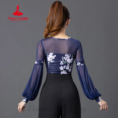 Modern Dance Practice Clothes Customized Long Sleeved Printed Top Women's Tango Chacha Samba Latin Dancing Training Clothing